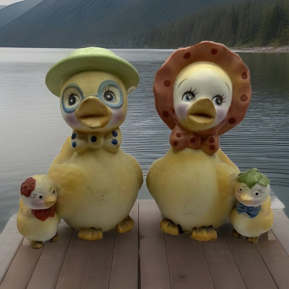 2pc LEGO Korea Yellow Ducks Ceramic Mom,‎ Dad, Baby Easter Decor 4 3/4-in  VTG